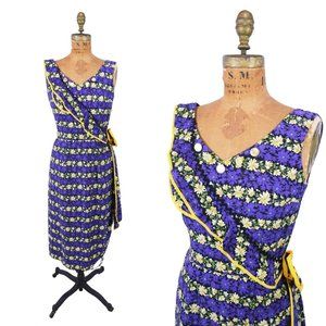 Vintage 50s Style Tropical Sarong Dress Floral Purple Yellow Pinup | W 26"